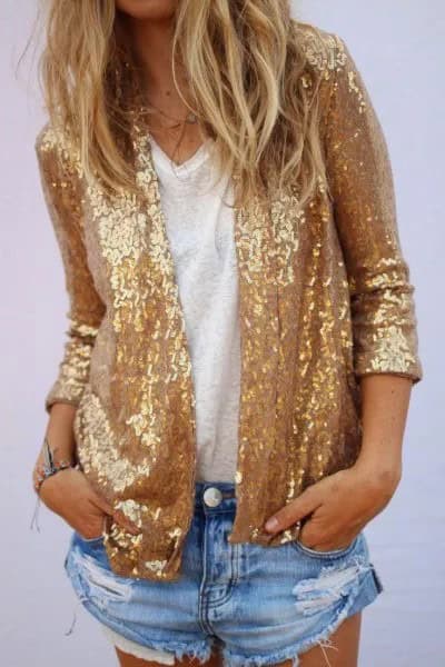 Gold Sequin Jacket with Blue Mini Ripped Denim Shorts