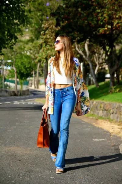 Rainbow Color Printed Oversized Blazer with Bright Blue Boot Cut Jeans