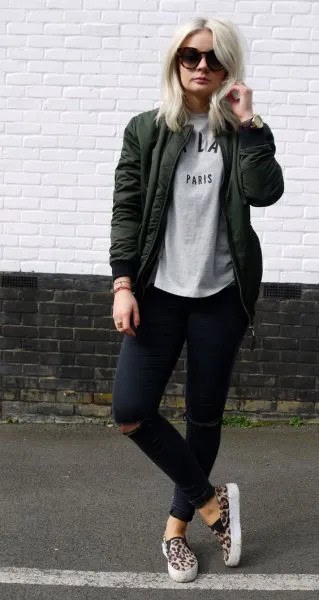 Dark Grey Jacket with Sweatshirt & Black Ripped Skinny Jeans