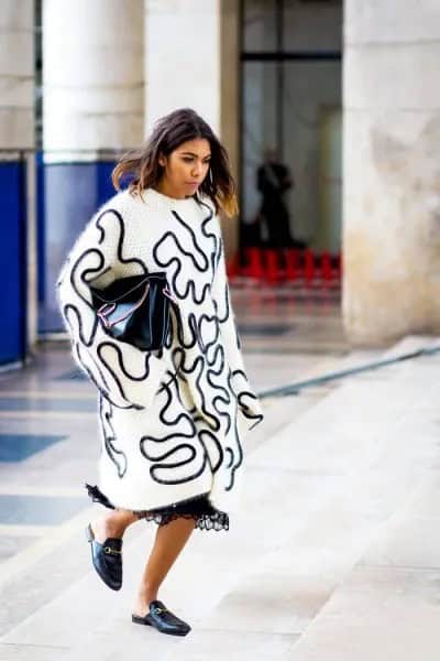 White and Black Printed Maxi Big Sweater with Lace Maxi Dress