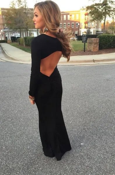 Black Long Sleeve Open Back Maxi Dress with Ballet Heels