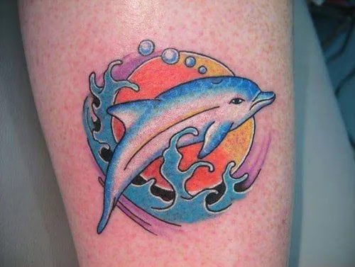 Sun Dolphin Tattoo on Thigh