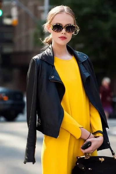 Black Leather Jacket Over Long Sleeve Yellow Dress