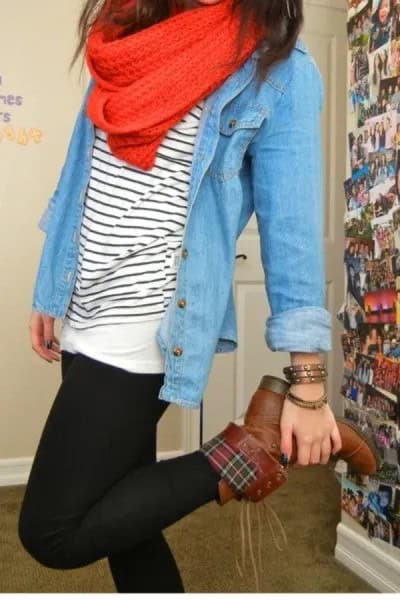 Brown Fold Over Boots with Chambray Shirt & Striped Tee