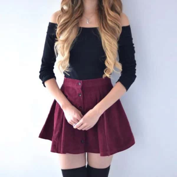 Black Off The Shoulder Sweater with Button Front Skater Mini Skirt