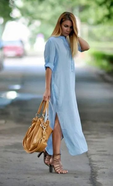 Light Blue Side Slit Maxi Shirt Dress with Black Leather Purse