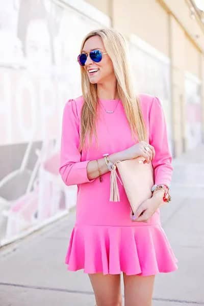 Pink Long Sleeve Mini Drop Waist Dress