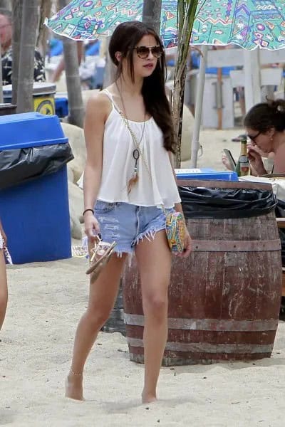 White Chiffon Spaghetti Strap Vest Top with Cut Off Denim Shorts