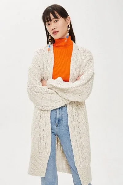 Off-White Cable Knit Long Cardigan with Orange Sweater & Mom Jeans