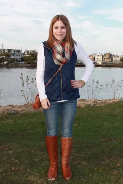 White Blouse with Blush Plaid Scarf & Skinny Jeans