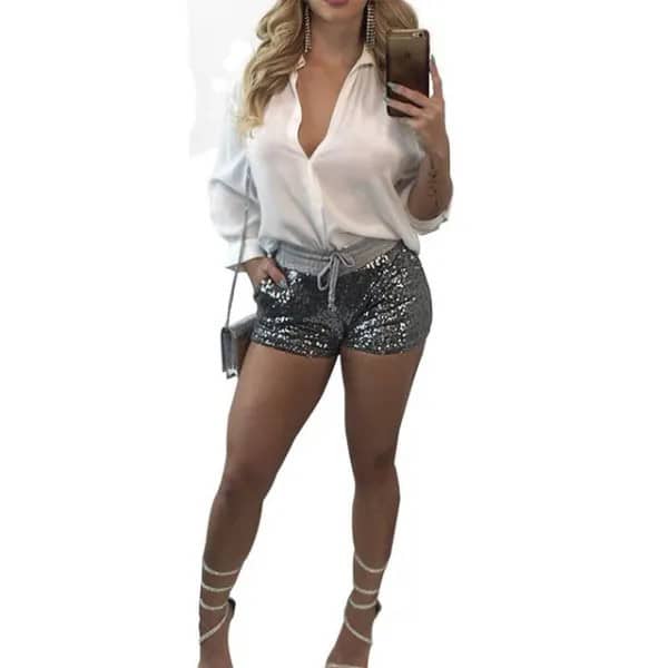 White Button Up Shirt with Sequin Mini Elastic Waist Shorts