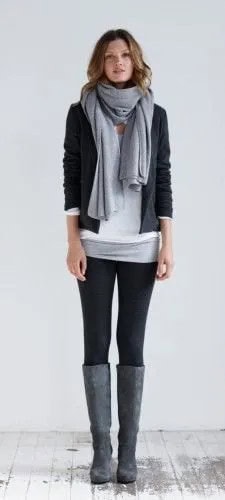 White and Grey Tunic Top with Black Blazer & Knee High Boots