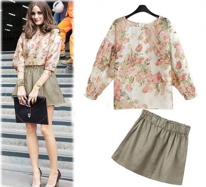 Pale Pink Floral Blouse with Green Skater Skirt