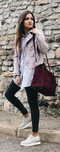 Grey Short Suede Jacket with Blue and White Striped Tunic Shirt