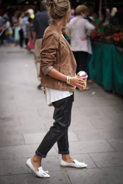 Camel Suede Blazer with White Leather Ribbon Loafers