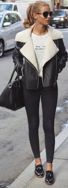 Black Leather Jacket with White Collar & Skinny Jeans