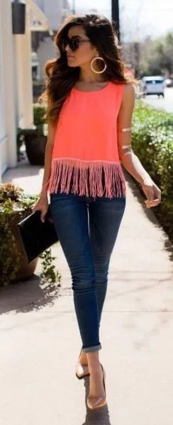 Pink Fringe Top with Dark Blue Skinny Jeans