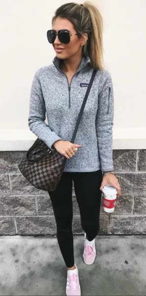 Grey Pullover with Black Leggings & White Sneakers