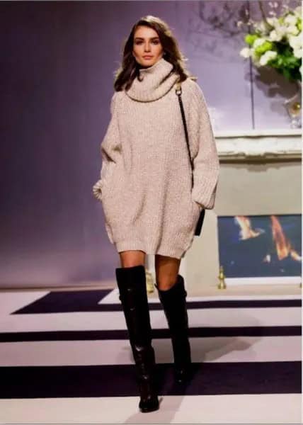 Light Grey Turtleneck Chunky Sweater Dress with Black Thigh High Leather Boots