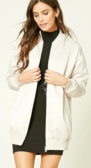 Longline White Bomber Jacket with Black Mock Neck Mini Shift Dress