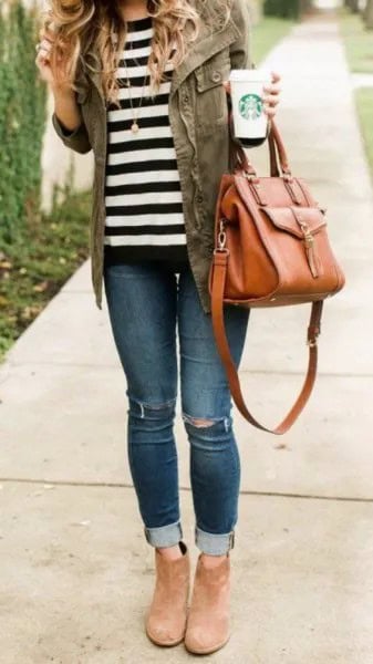 Grey Denim Jacket with Striped Tee & Camel Ankle Suede Boots