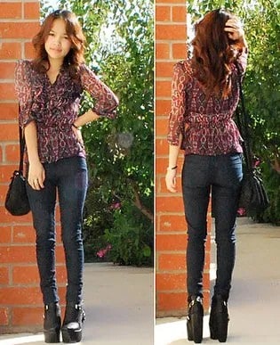 Black Chiffon Semi-Sheer Blouse with Dark Skinny Jeans & High Heel Leather Ankle Boots