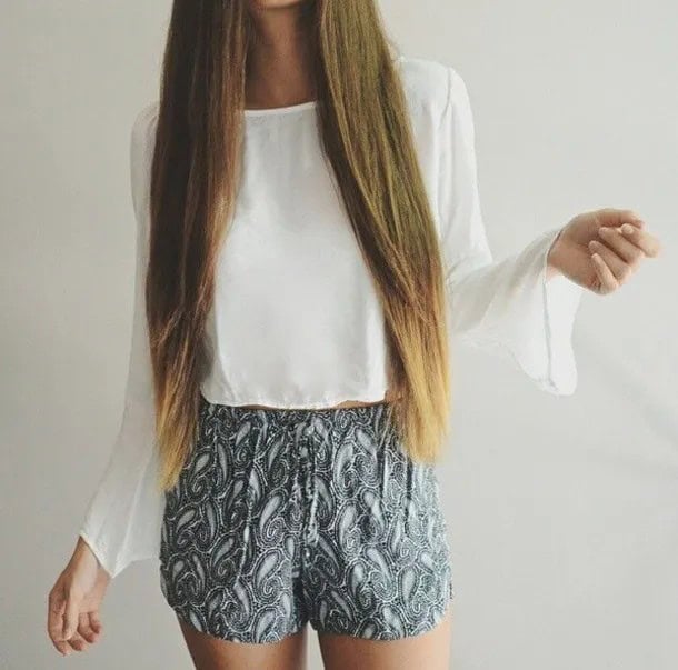 White Chiffon Bell Sleeve Top with Tribal Printed Shorts