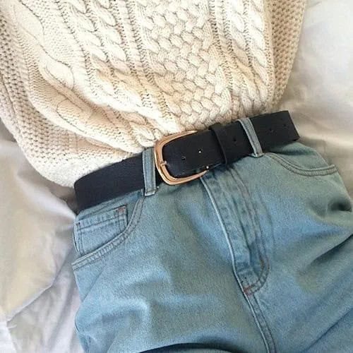 White Cable Knit Pullover Sweater with Belted Mom Denim Shorts