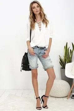 White Lace Up Neckline Long Sleeve Blouse with Light Blue Denim Knee Length Shorts