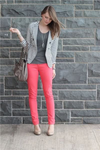 Black and White Striped Blazer with Pink Skinny Jeans