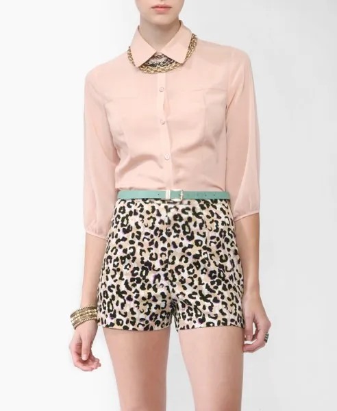 Rose Gold Chiffon Blouse with Leopard Print High Waisted Mini Shorts