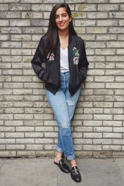 Black Floral Bomber Jacket with White V Neck Tee & Loafers