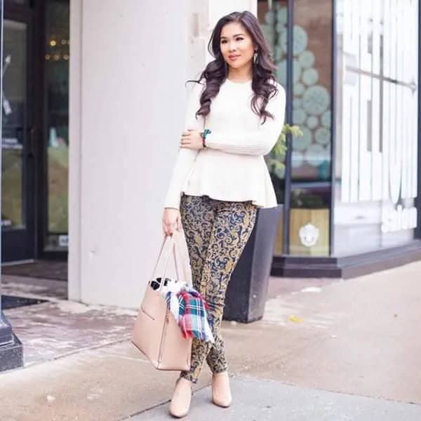 White Peplum Knit Sweater with Pink and Blue Tribal Printed Skinny Pants