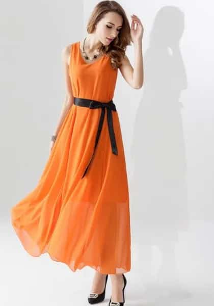 Chiffon Maxi Flared Dress with Ribbon Belt