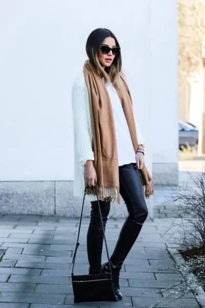 Camel Long Scarf with White Oversized Shawl & Leather Leggings