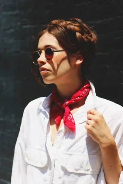 White Linen Button Up Shirt with Red Silk Scarf