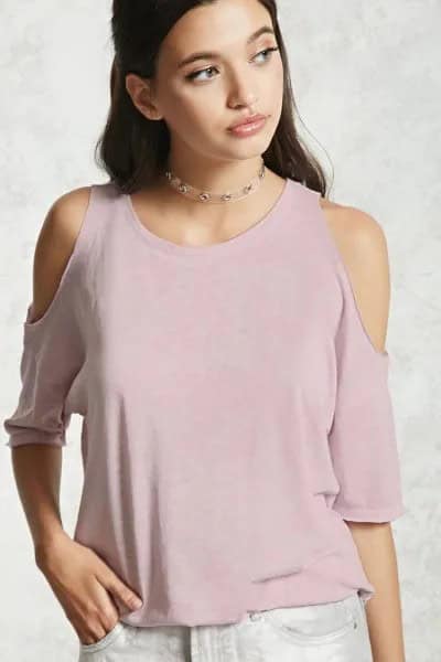 Pale Pink Cold Shoulder Scoop Neck Tee with White Skinny Jeans