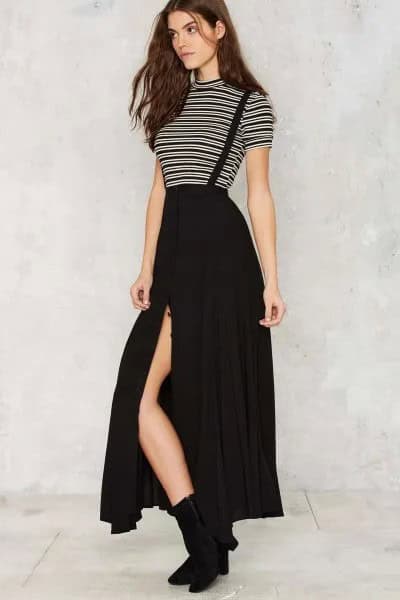 Black and White Striped Mock Neck Tee with Maxi Suspender Side Slit Skirt