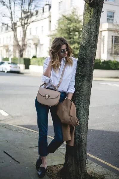 White Button Up Shirt with Black Cropped Leather Leggings & Backless Loafers