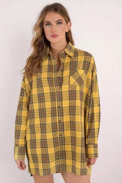 Black and Yellow Plaid Button Up Shirt Dress with Mini Shorts