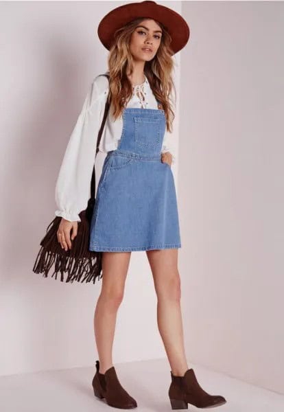 White Boho Blouse with Denim Dress