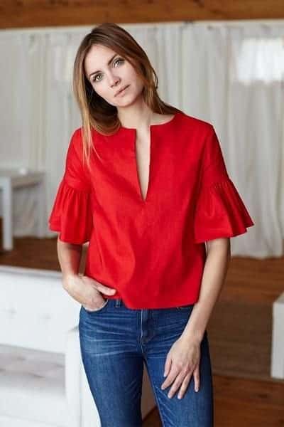 Red Bell Sleeve Blouse with Blue Jeans