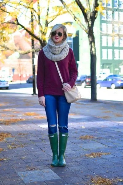 Chunky Knit Sweater with Grey Scarf & Leather Knee High Boots