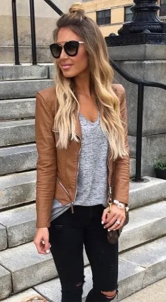 Leather Moto Jacket with Heather Grey Deep V Neck T Shirt