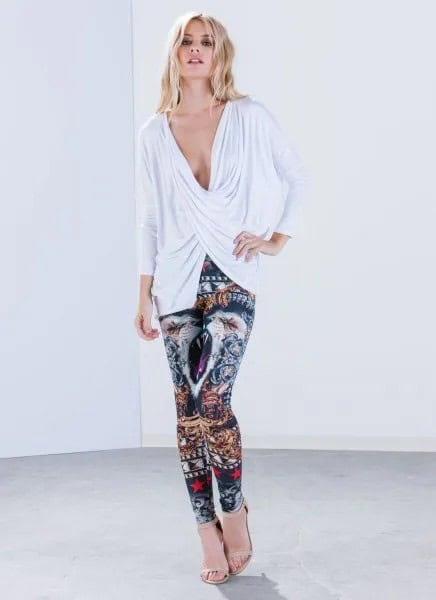 White Deep V Neck Long Sleeve Twist Front top with Tribal Printed Leggings