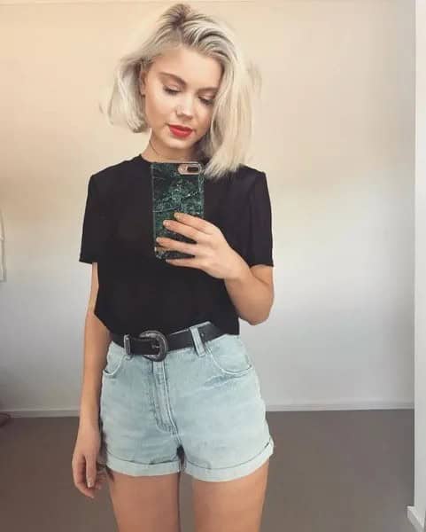 Black T Shirt with Belted Grey Mini Denim Shorts