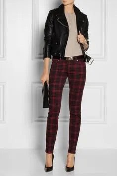 Black Moto Jacket with Grey Blouse & Plaid Pants