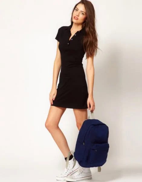 Black Polo Dress with White High Cut Converse