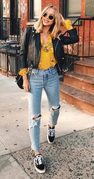 Mustard Yellow Floral Printed Blouse with Black Leather Biker Jacket