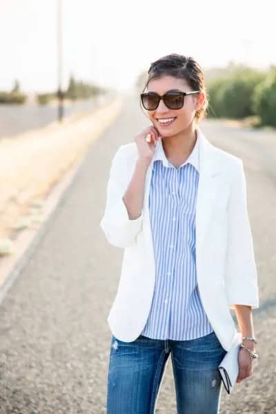 White Summer Relaxed Fit Blazer with Sky Blue Striped Button Up Shirt